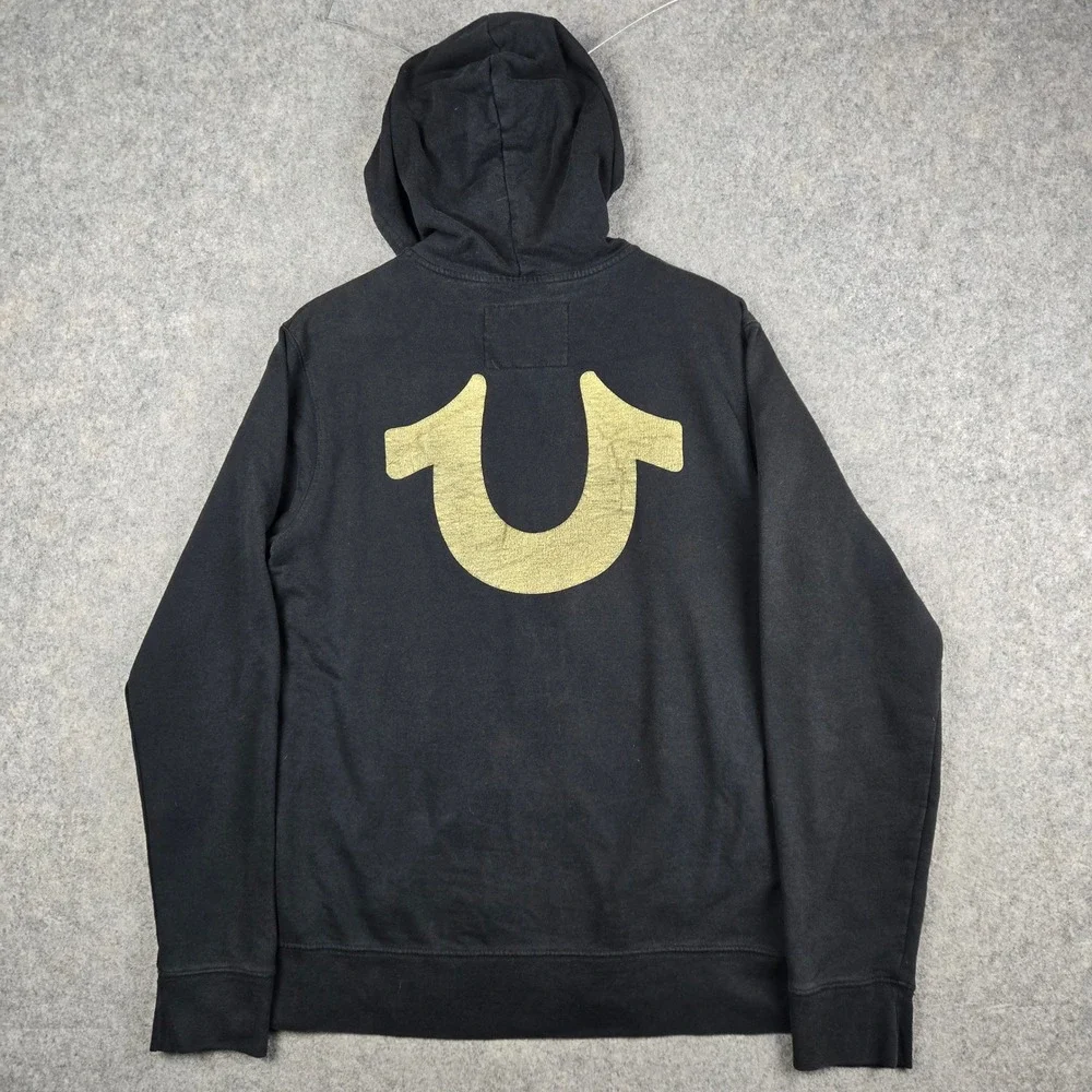 True Religion Zip Up Hoodie Mens XL Black Gold Big Horseshoe Logo Y2K Streetwear